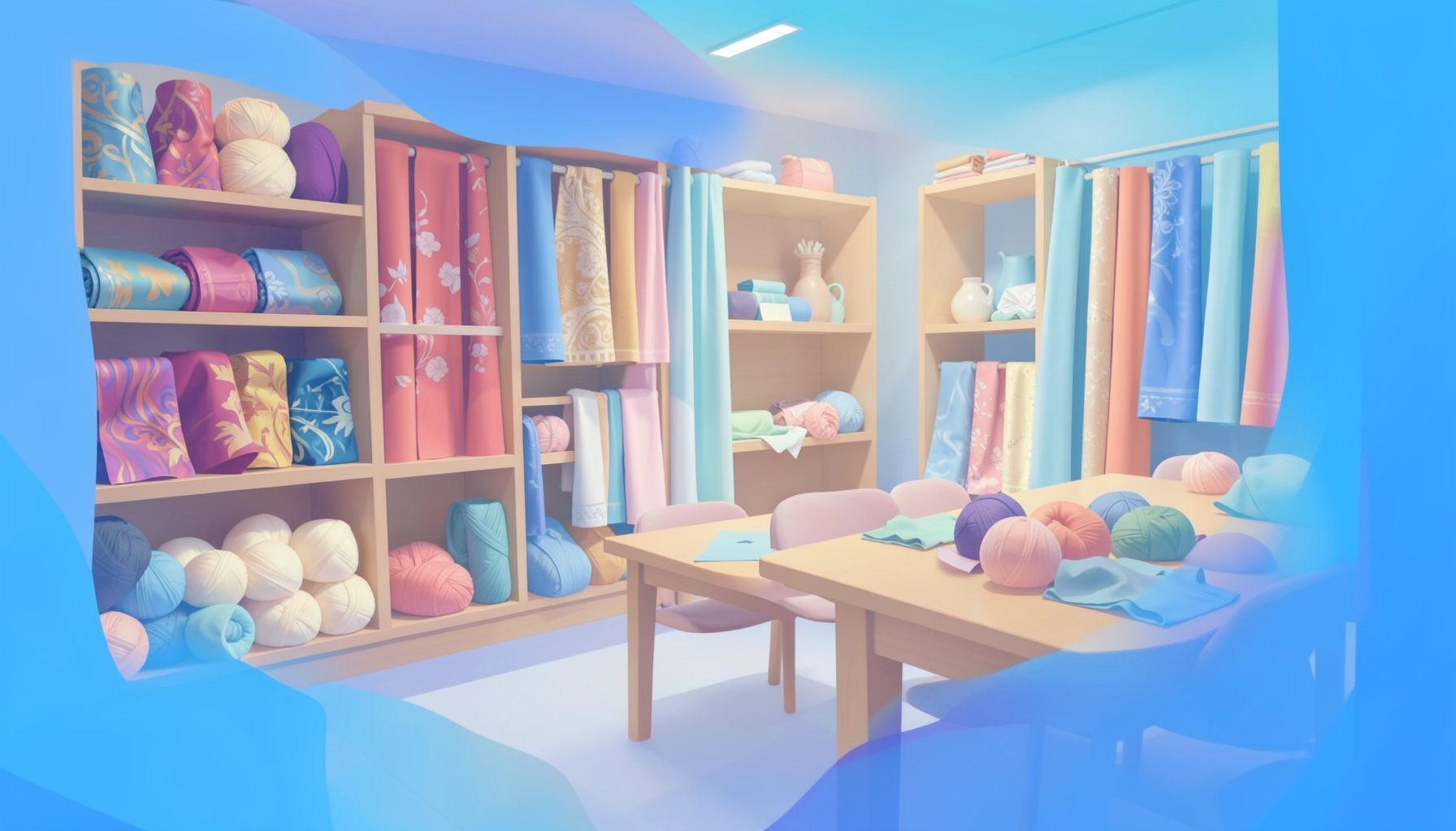 Warm interior of a fiber arts shop with bolts of colorful fabric on wooden shelves, skeins of yarn in soft creams and blues, and a welcoming community table