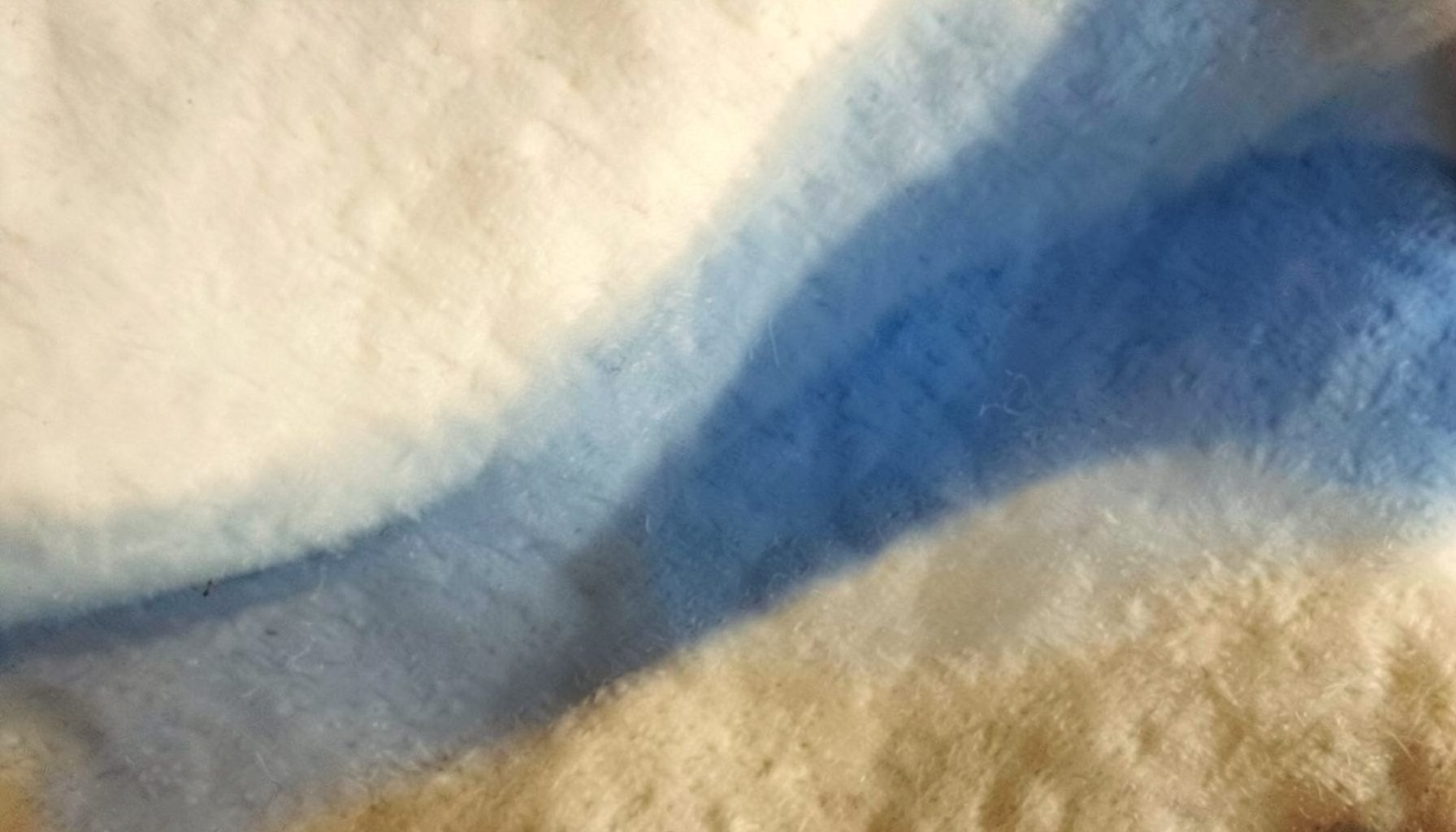 A warm, softly lit composition of layered cream, dusty blue, and muted gold tones, suggesting cozy fiber textures and a calm creative atmosphere.