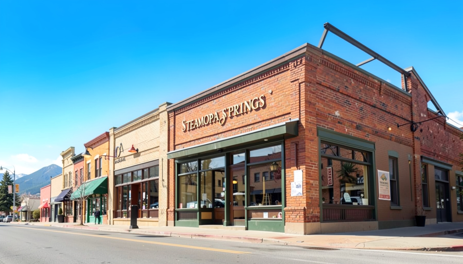 A street-level view of a charming downtown storefront on Lincoln Avenue in Steamboat Springs, with warm brick tones and mountain-town character under a bright Colorado sky